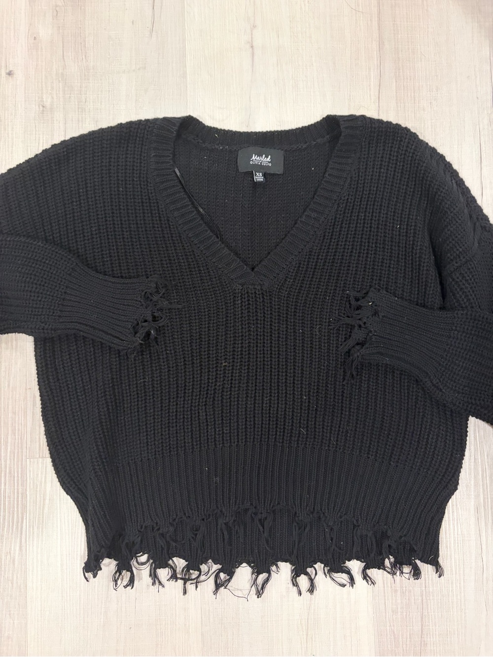 Distressed Black V-Neck Knit Sweater